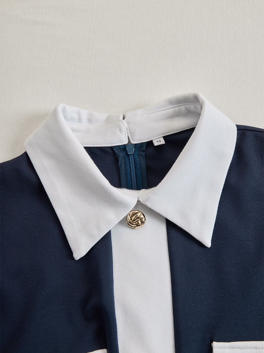 Muse & Valeur | Elegant Navy & White Contrast Button-Up Midi Dress