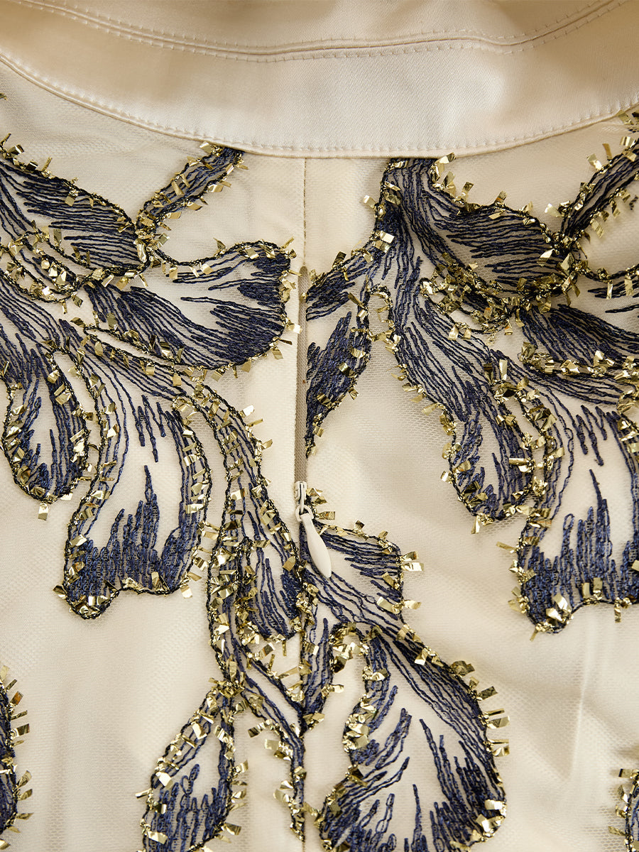 Muse & Valeur | Embroidered Mesh Midi Dress With Metallic Leaf Motif