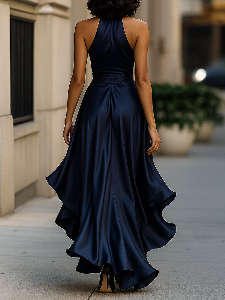 Muse & Valeur | Midnight Elegance Satin Halter Ruffle Gown