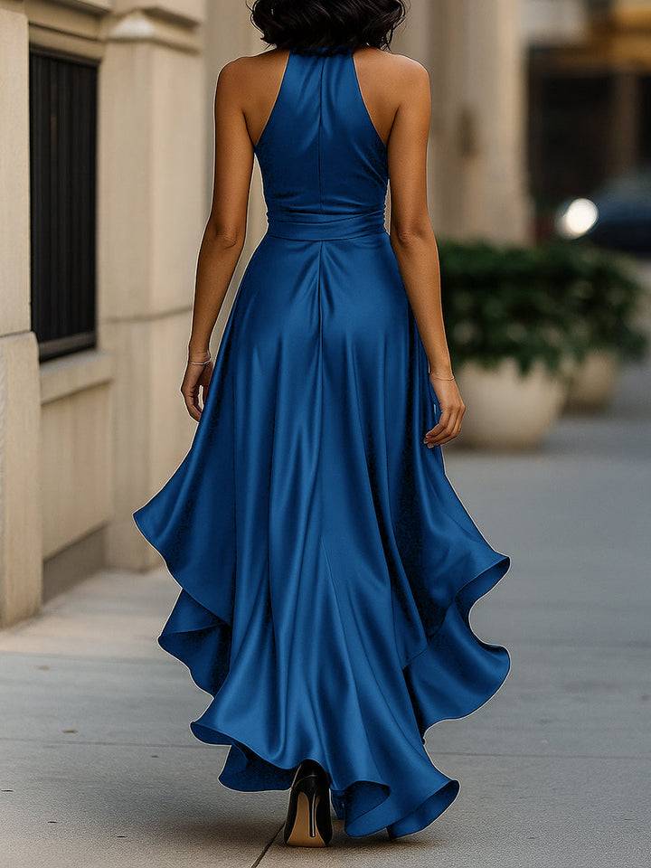 Muse & Valeur | Midnight Elegance Satin Halter Ruffle Gown