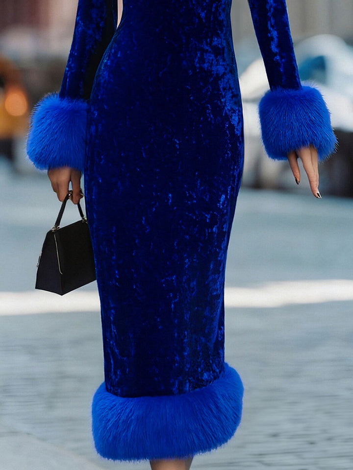 Muse & Valeur | Glamorous Royal Blue Velvet Dress With Feather Trims
