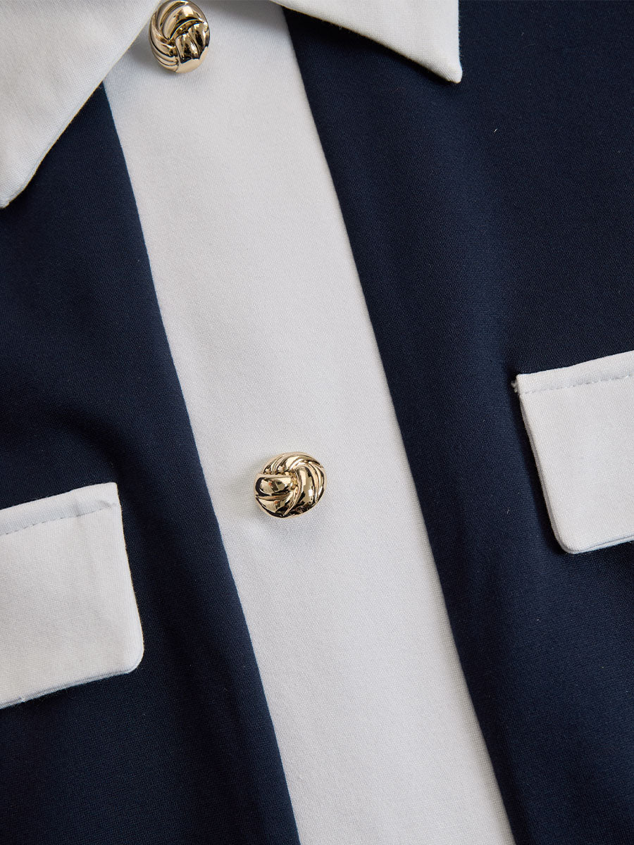 Muse & Valeur | Elegant Navy & White Contrast Button-Up Midi Dress