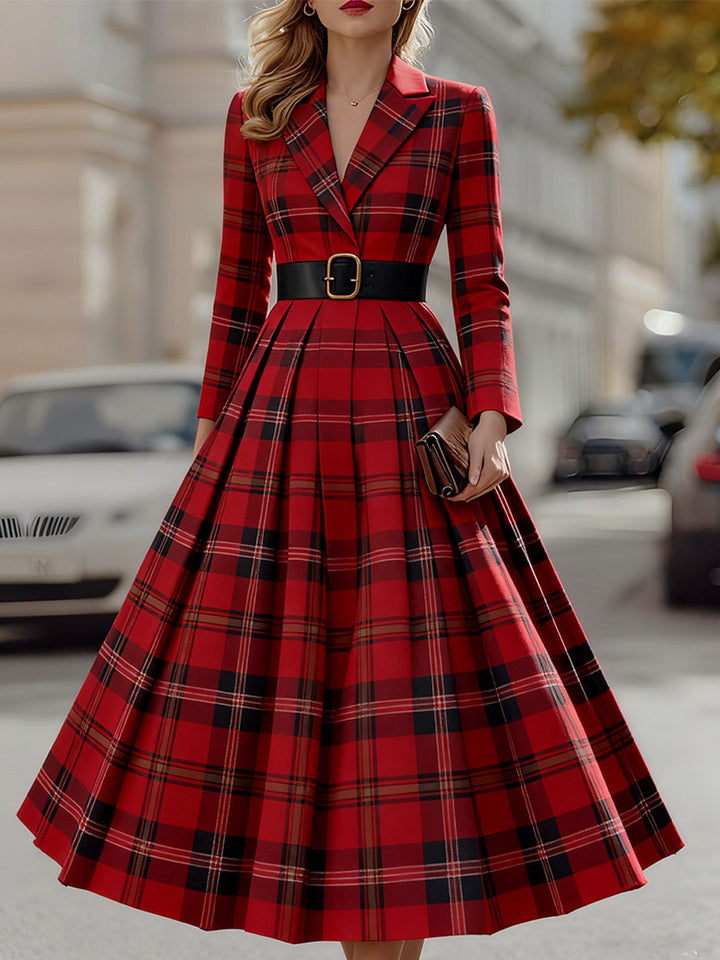 Muse & Valeur | Statement Red Plaid Trench Dress With Gold Buckle Belt