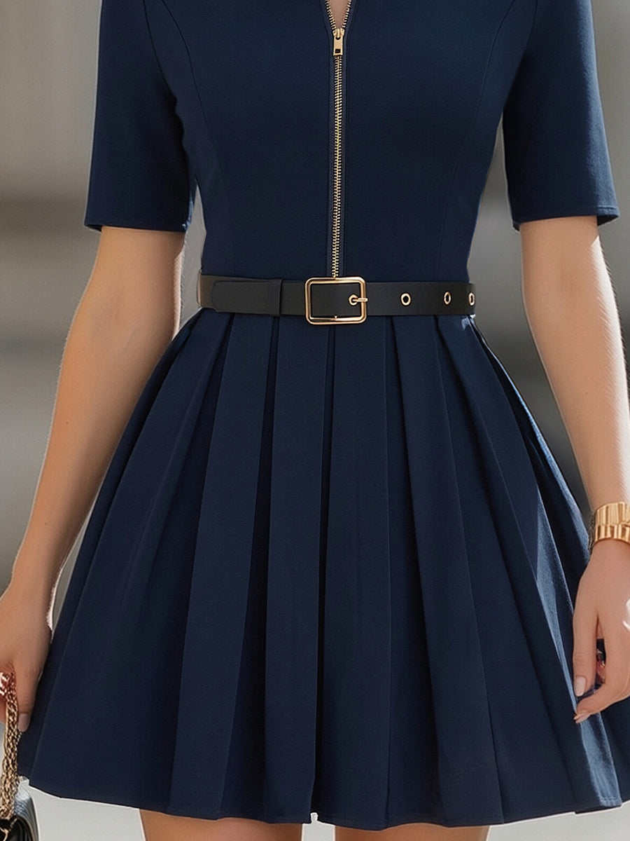 Muse & Valeur | Navy Collared Zip-Front Pleated Mini Dress