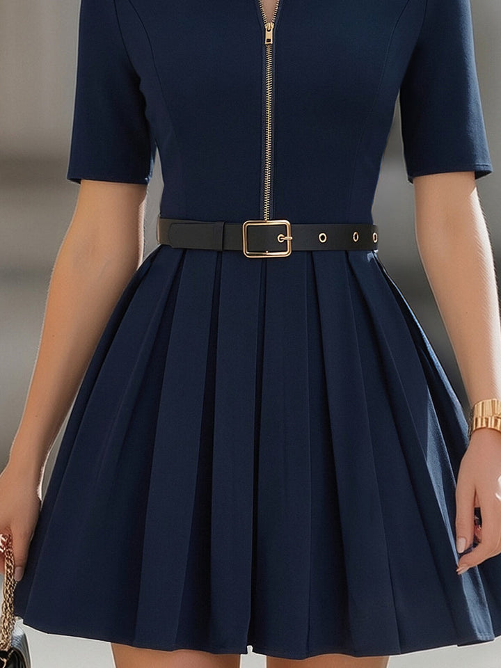 Muse & Valeur | Navy Collared Zip-Front Pleated Mini Dress