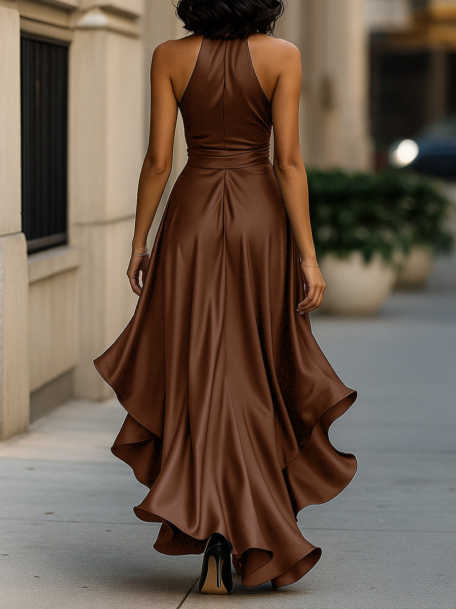 Muse & Valeur | Midnight Elegance Satin Halter Ruffle Gown