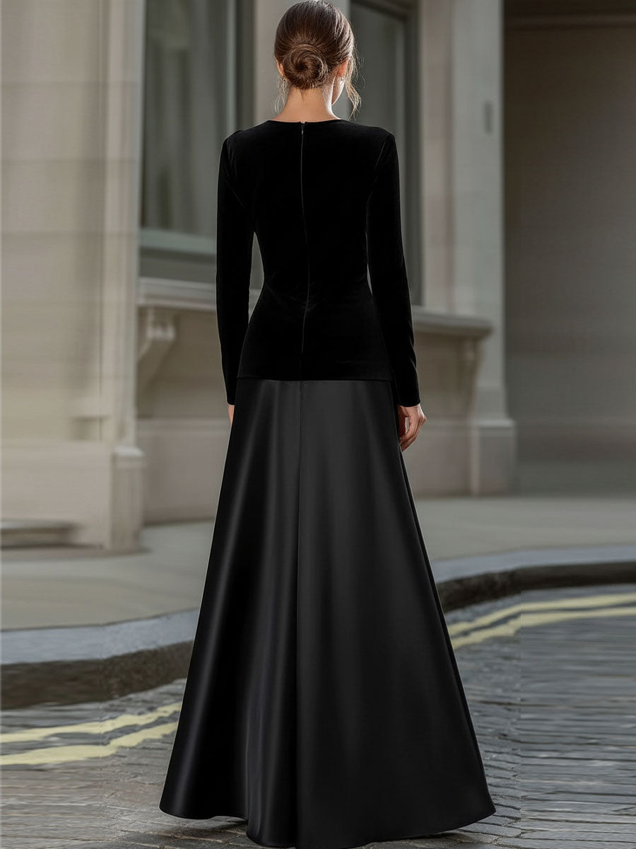 Muse & Valeur | Black Velvet & Satin Long-Sleeve A-Line Evening Gown