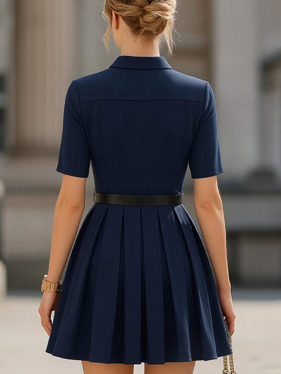 Muse & Valeur | Navy Collared Zip-Front Pleated Mini Dress