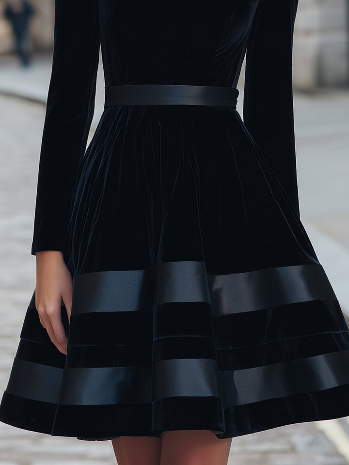 Muse & Valeur | Black Velvet Fit-and-Flare Dress With Satin Stripes
