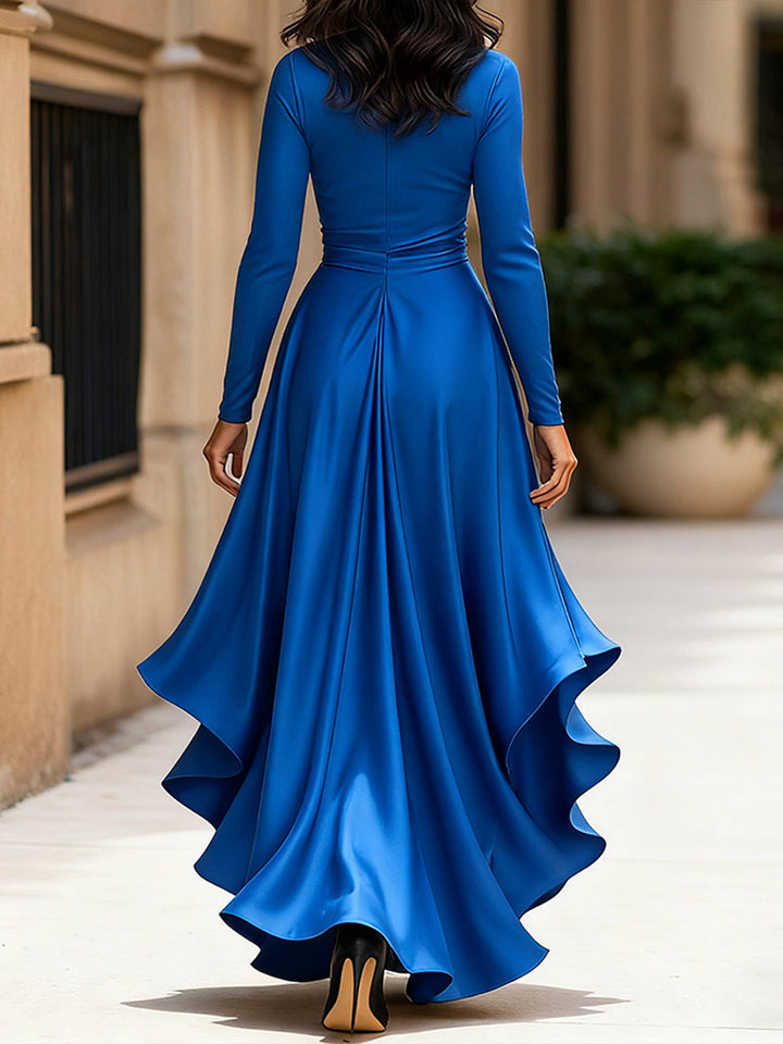 Muse & Valeur | Midnight Blue Draped Satin Maxi Dress With Ruffle Details