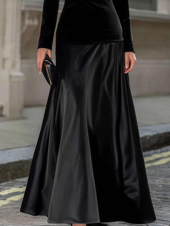 Muse & Valeur | Black Velvet & Satin Long-Sleeve A-Line Evening Gown