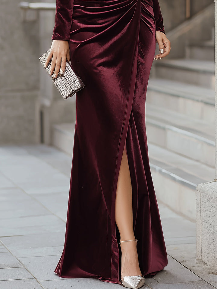 Muse & Valeur | Burgundy Velvet One-Shoulder Evening Gown