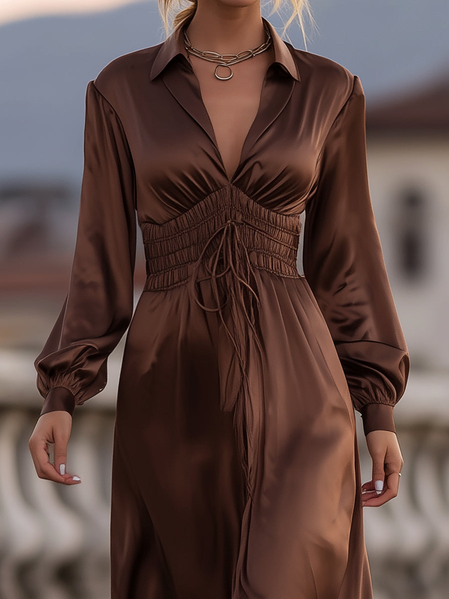 Muse & Valeur | Satin Cinched Waist Maxi Dress In Mocha Brown