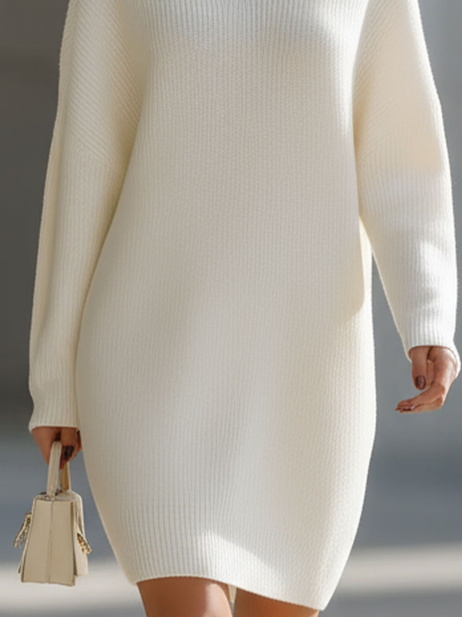 Muse & Valeur | Elegant Cream Turtleneck Ribbed Knit Sweater Dress