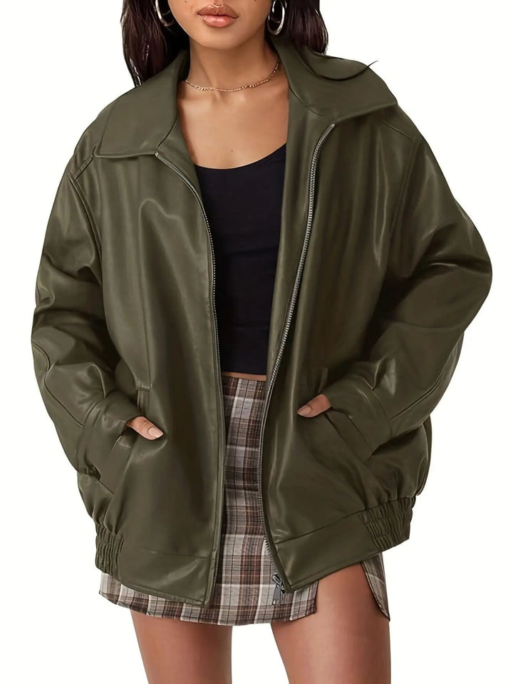 Muse and Valeur | Women's Classic Oversized Leather Bomber Jacket