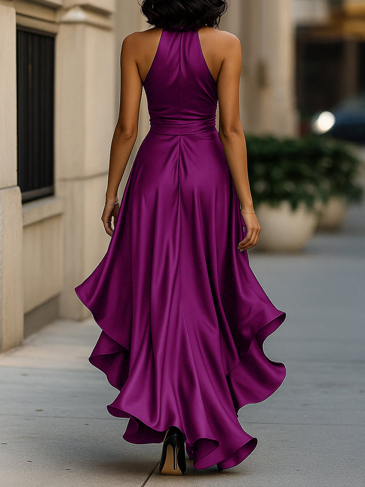 Muse & Valeur | Midnight Elegance Satin Halter Ruffle Gown