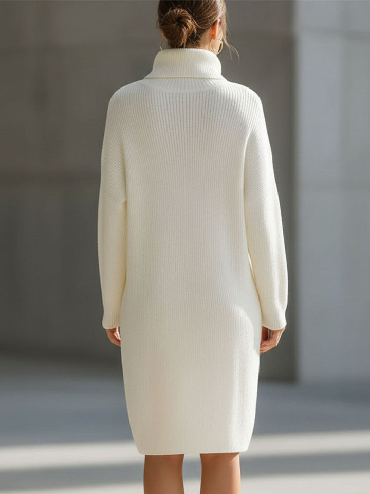 Muse & Valeur | Elegant Cream Turtleneck Ribbed Knit Sweater Dress