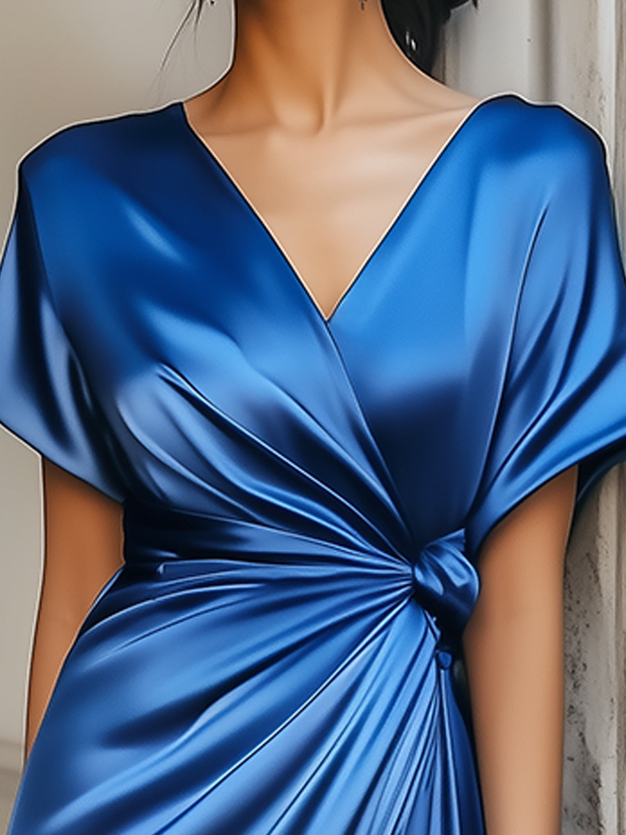 Muse & Valeur | Elegant Sapphire Lace-up Satin Dress