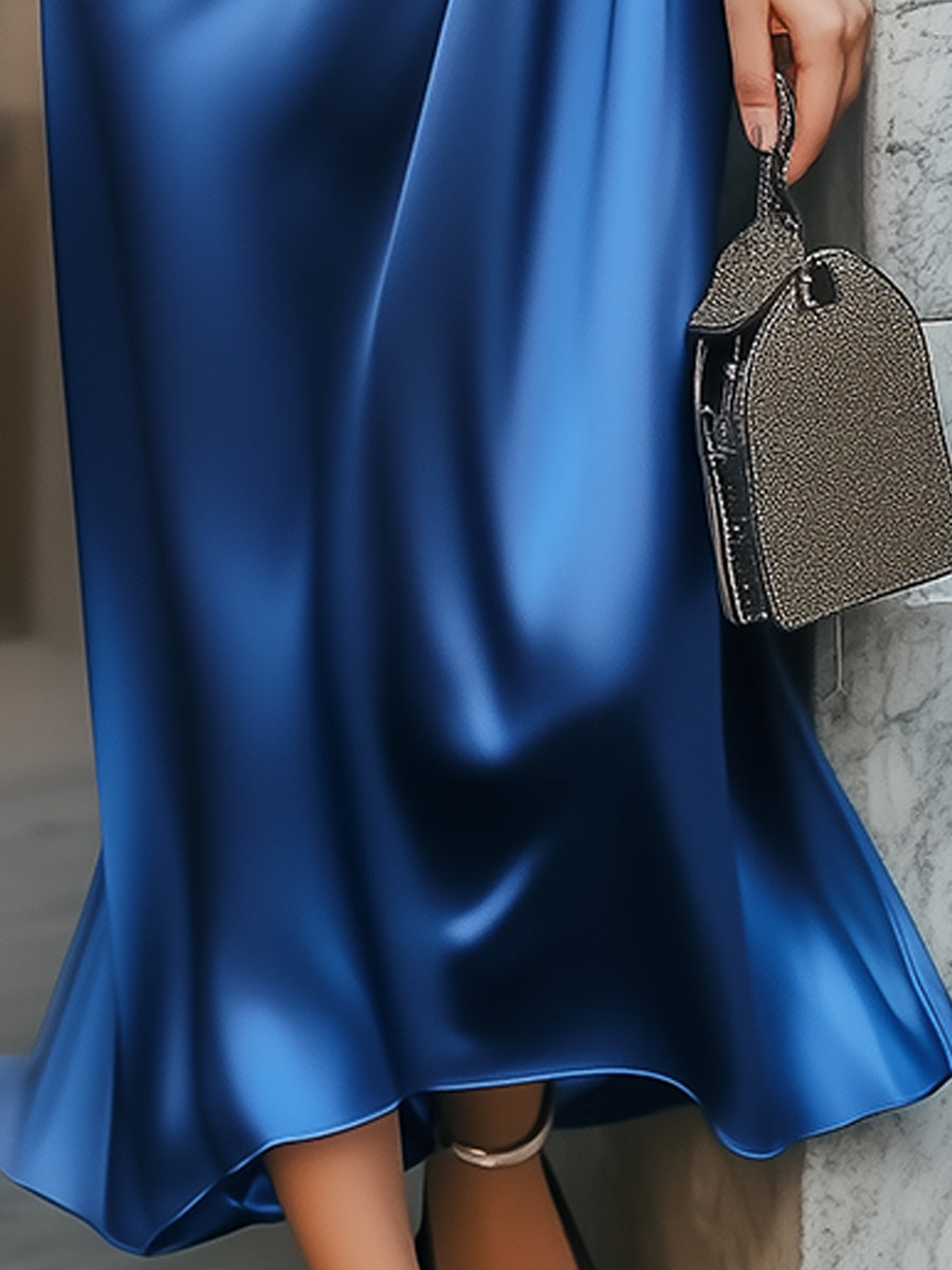 Muse & Valeur | Elegant Sapphire Lace-up Satin Dress