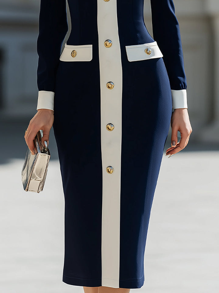 Muse & Valeur | Elegant Navy & White Contrast Button-Up Midi Dress