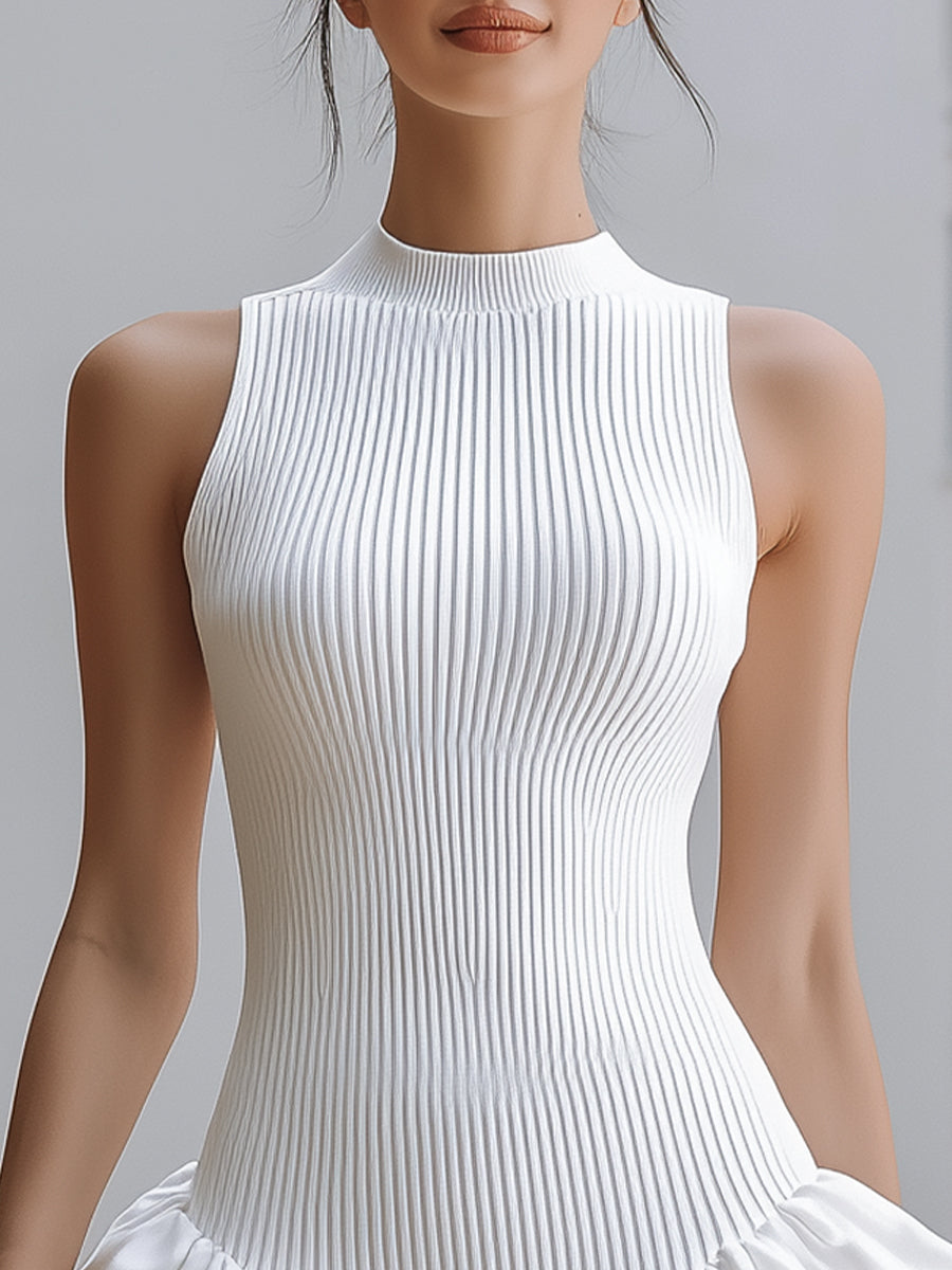 Muse & Valeur | White Sleeveless Rib-Knit Tiered Ruffle Mini Dress