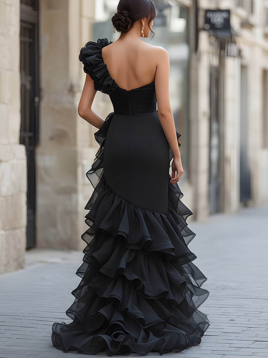 Muse & Valeur | Black One-Shoulder Ruffled Evening Gown With Front Slit