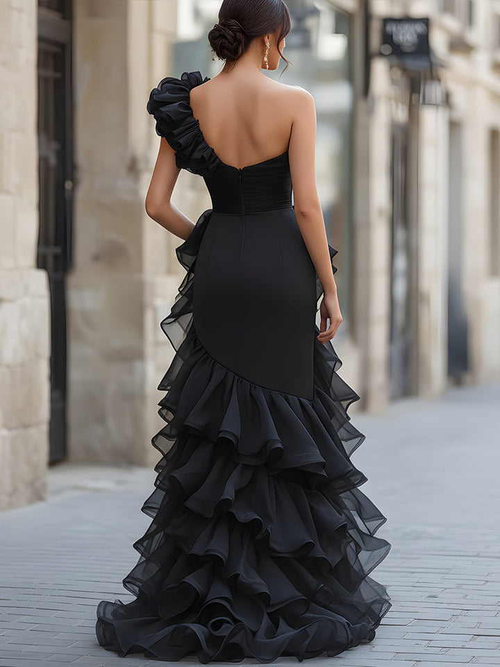 Muse & Valeur | Black One-Shoulder Ruffled Evening Gown With Front Slit