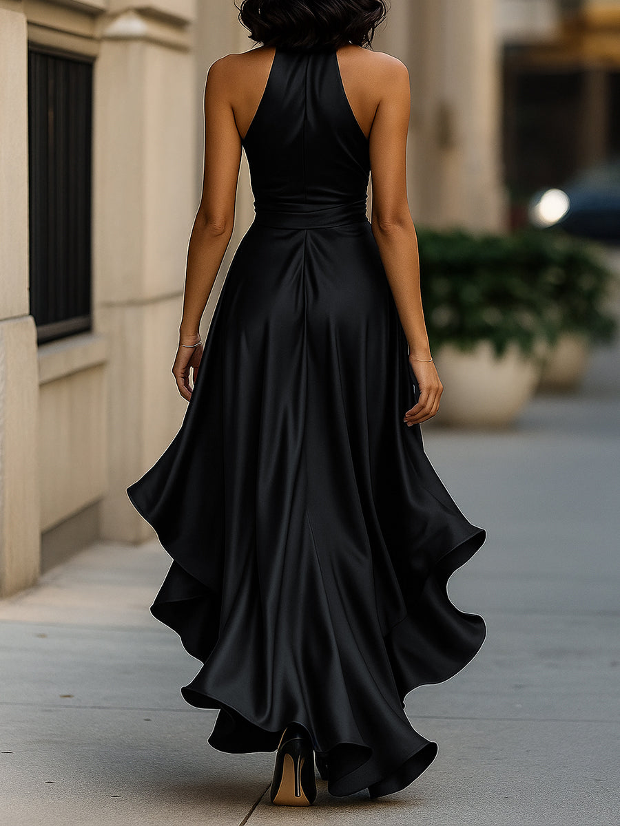 Muse & Valeur | Midnight Elegance Satin Halter Ruffle Gown