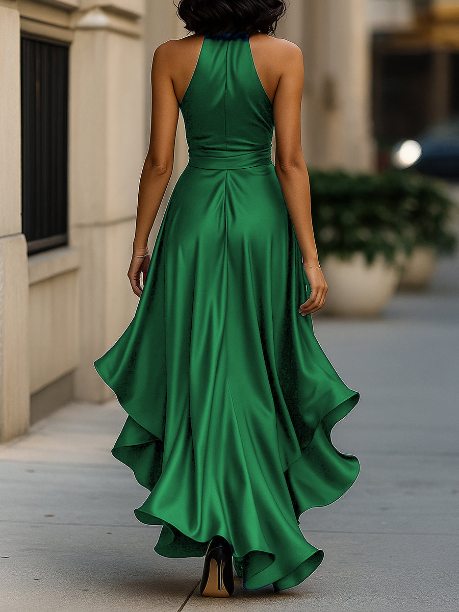 Muse & Valeur | Midnight Elegance Satin Halter Ruffle Gown