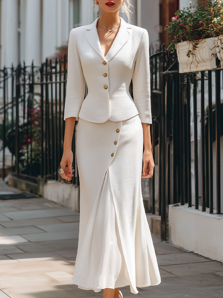 Muse & Valeur | Elegant Textured Buttoned Blazer & Midi Skirt Set