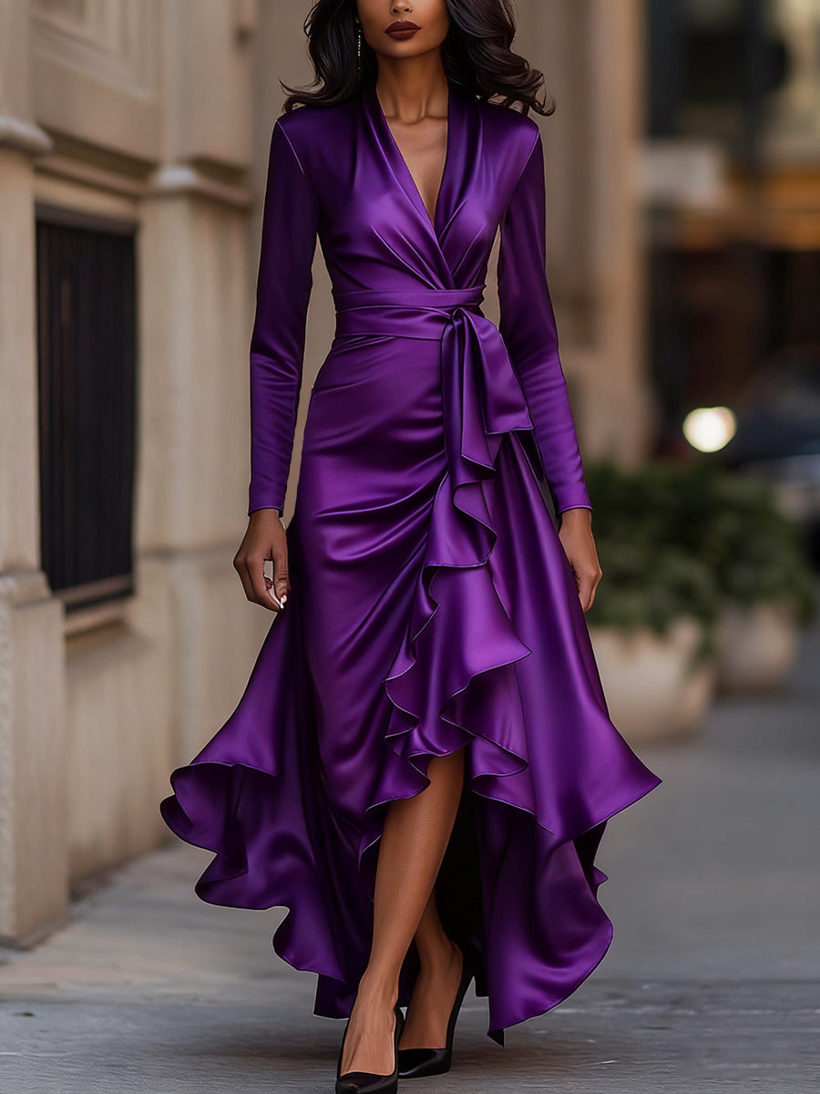 Muse & Valeur | Midnight Blue Draped Satin Maxi Dress With Ruffle Details