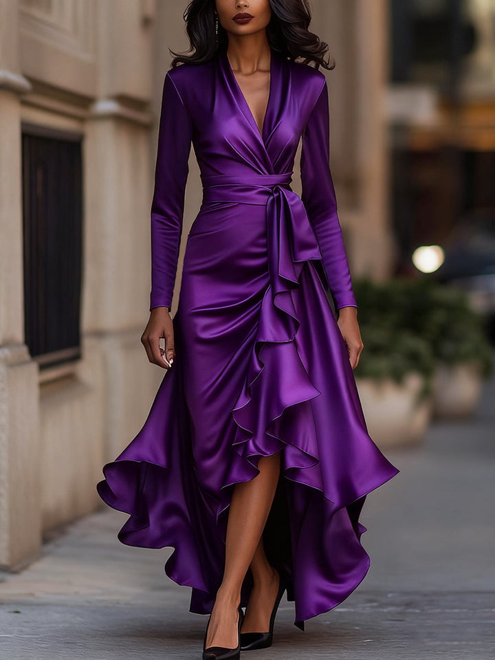Muse & Valeur | Midnight Blue Draped Satin Maxi Dress With Ruffle Details