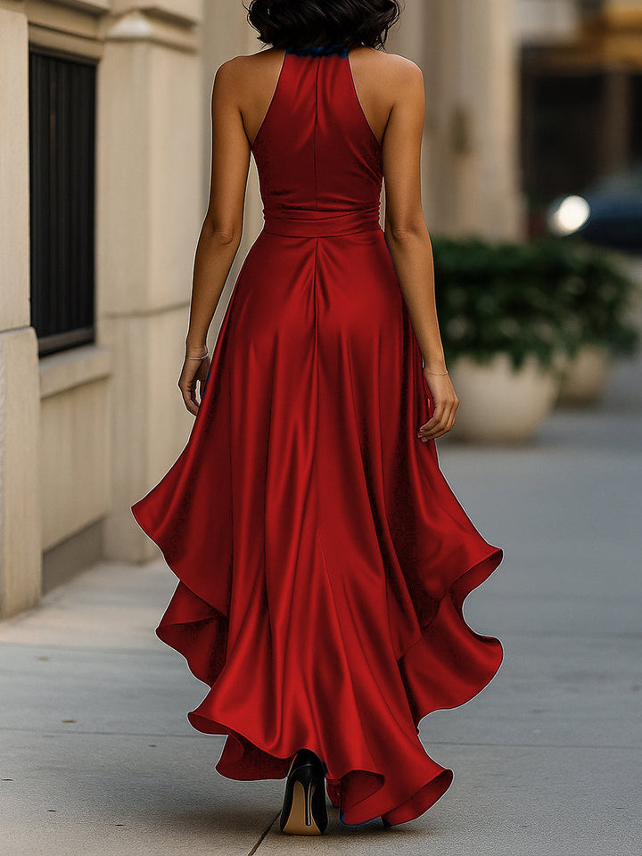 Muse & Valeur | Midnight Elegance Satin Halter Ruffle Gown