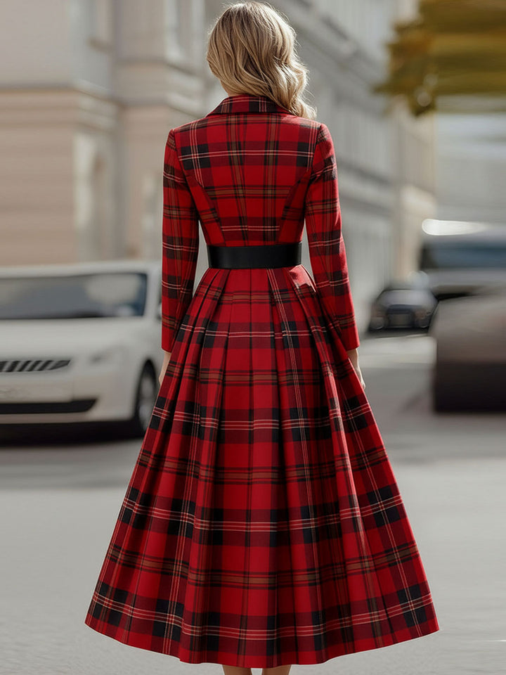 Muse & Valeur | Statement Red Plaid Trench Dress With Gold Buckle Belt