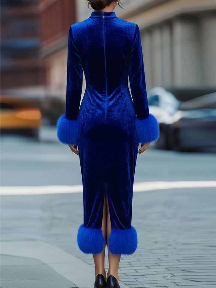 Muse & Valeur | Glamorous Royal Blue Velvet Dress With Feather Trims
