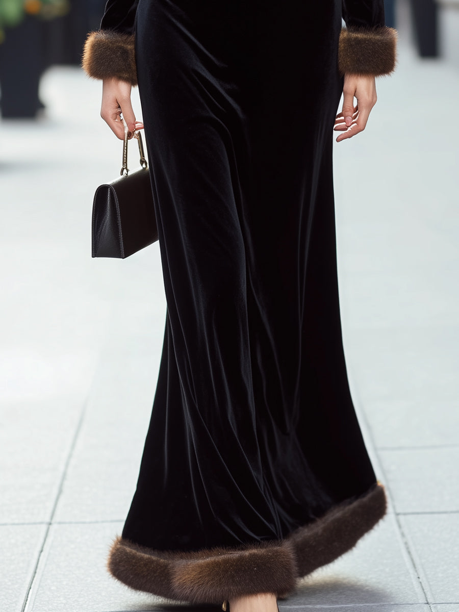 Muse & Valeur | Luxurious Black Velvet Gown With Faux Fur Trim