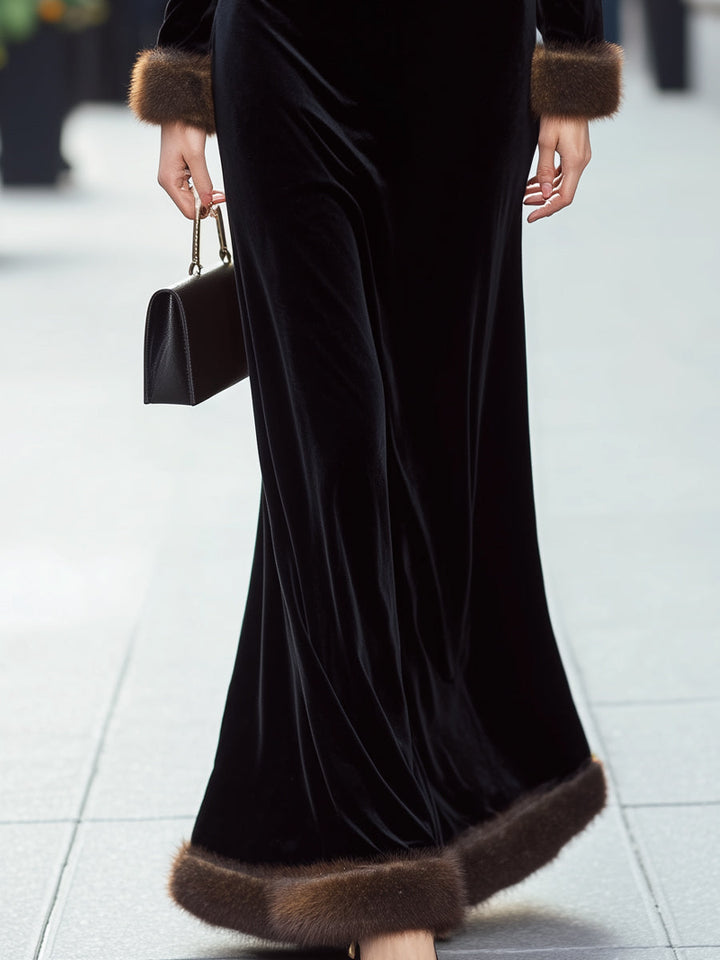 Muse & Valeur | Luxurious Black Velvet Gown With Faux Fur Trim