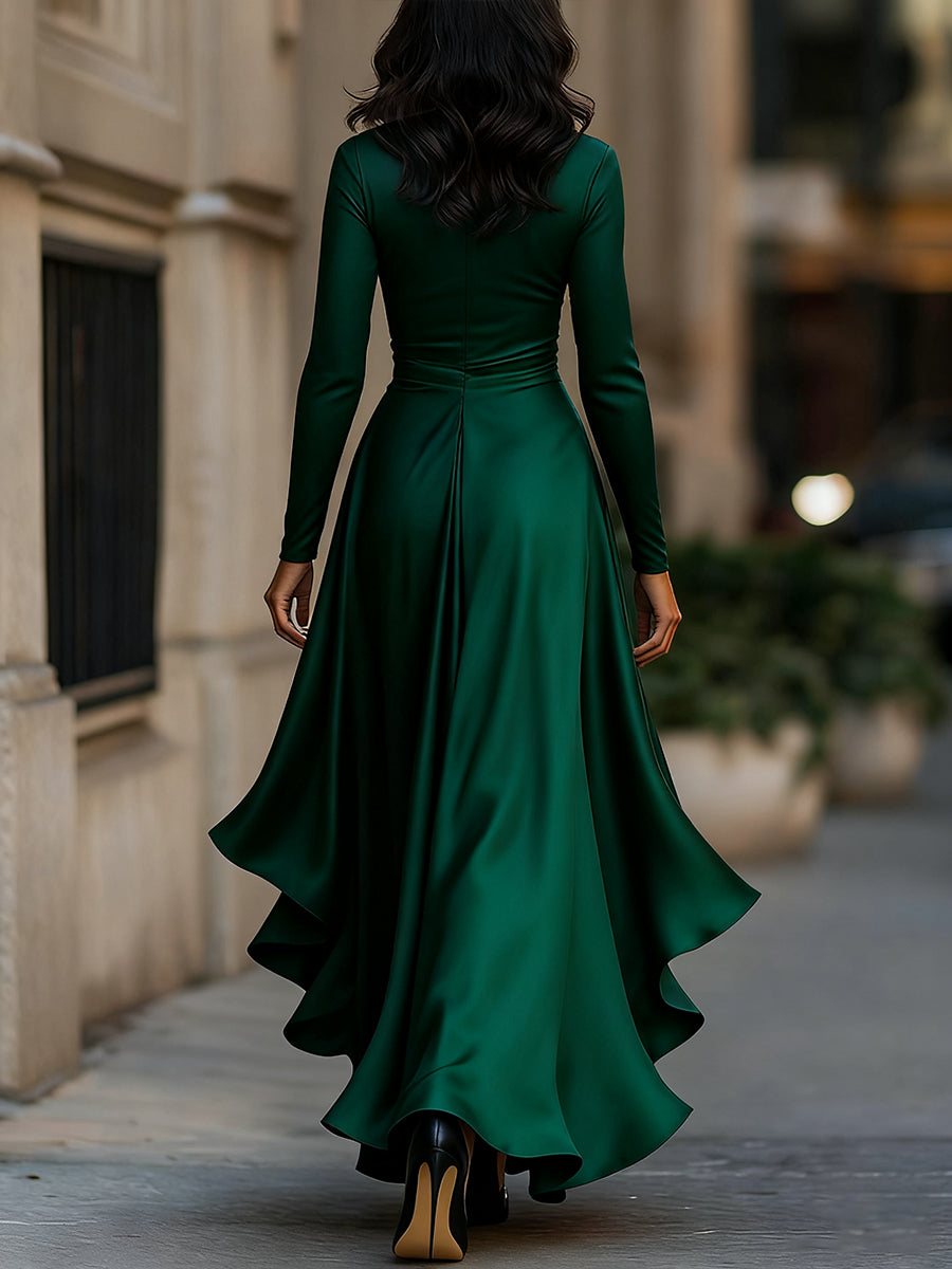 Muse & Valeur | Midnight Blue Draped Satin Maxi Dress With Ruffle Details