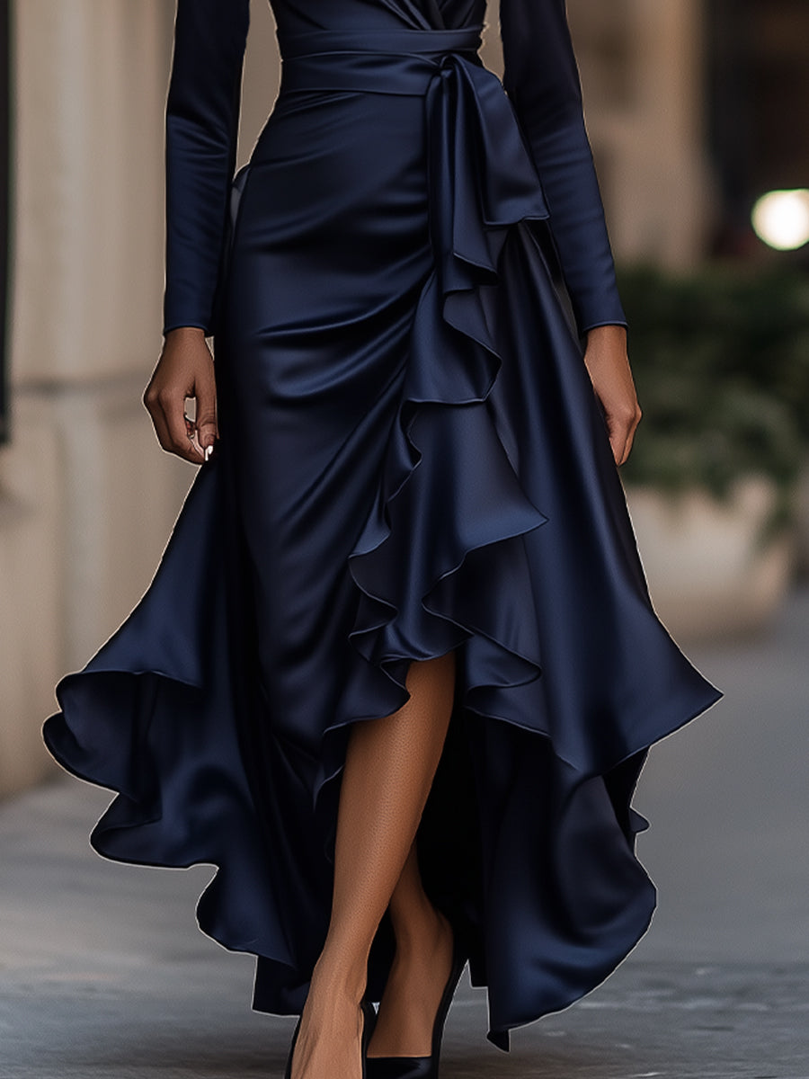 Muse & Valeur | Midnight Blue Draped Satin Maxi Dress With Ruffle Details