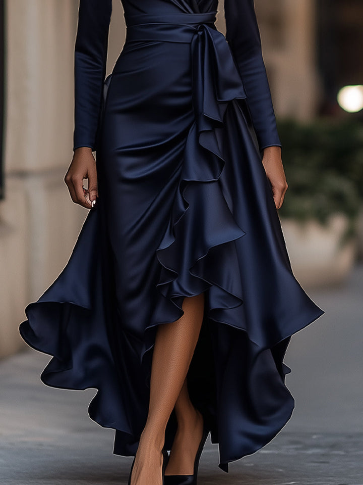 Muse & Valeur | Midnight Blue Draped Satin Maxi Dress With Ruffle Details