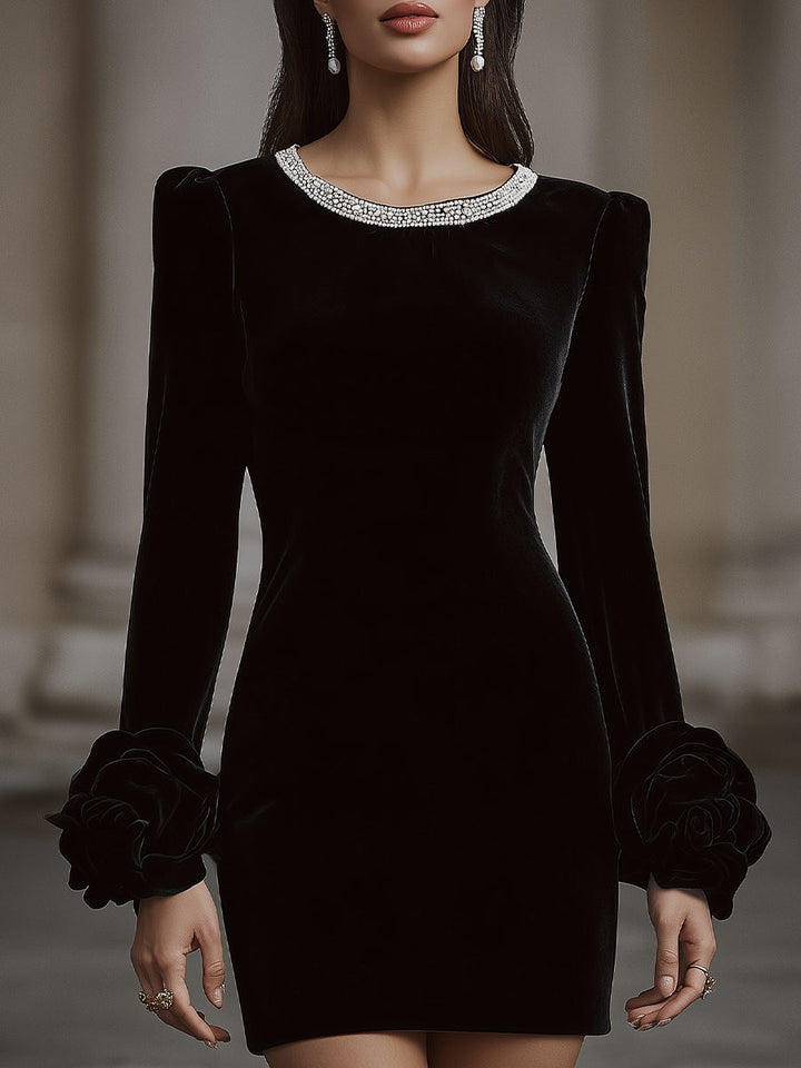 Muse & Valeur | Elegant Velvet Mini Dress With Embellished Neckline And Floral Cuff Detail