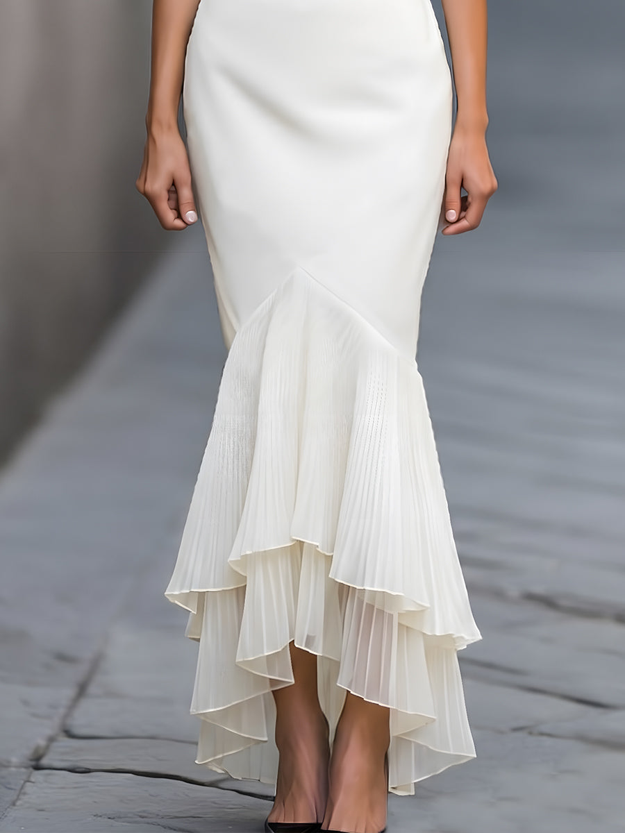 Muse & Valeur | Structured Waist Pleated Ruffle Hem Maxi Dress