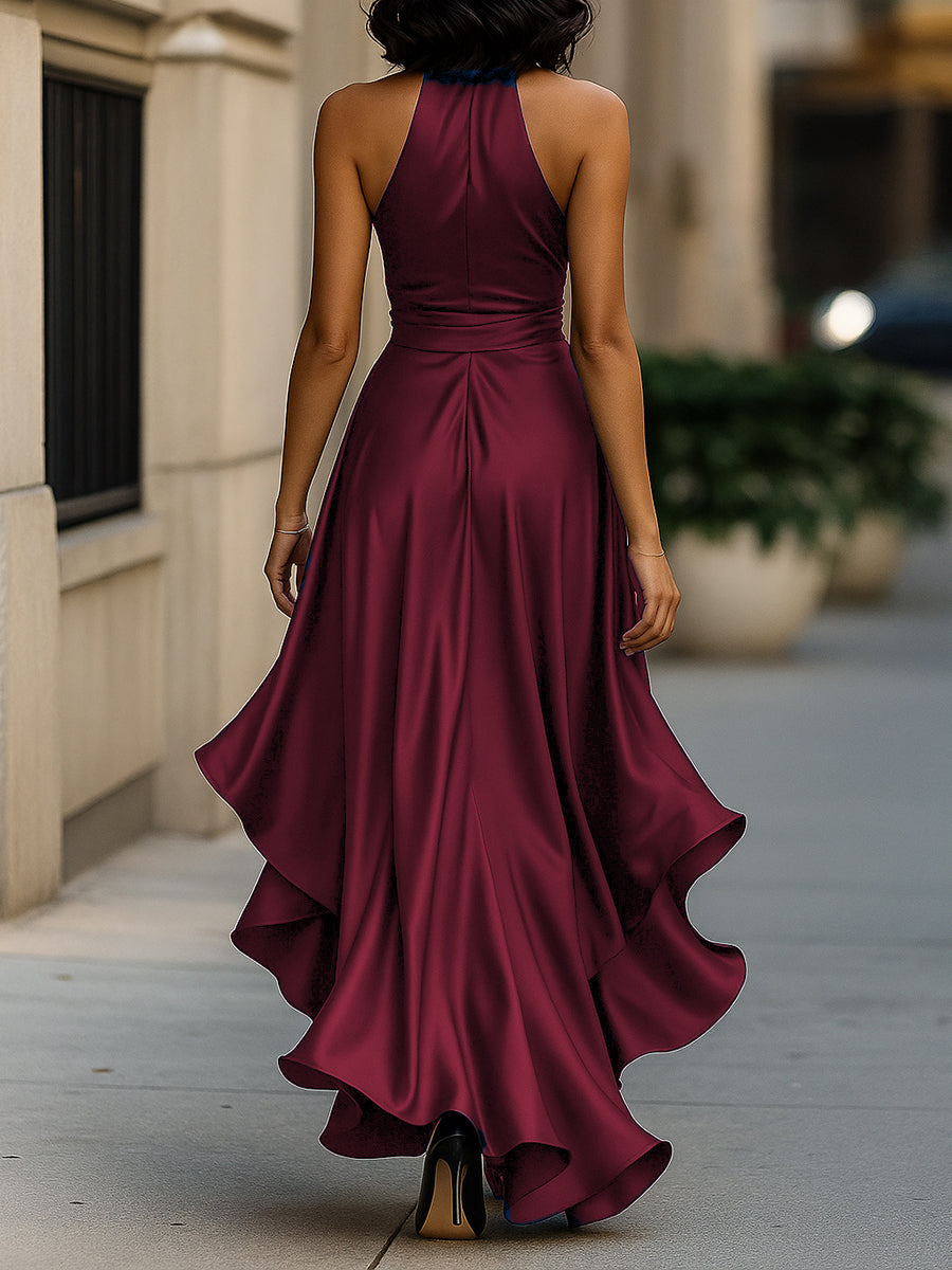 Muse & Valeur | Midnight Elegance Satin Halter Ruffle Gown