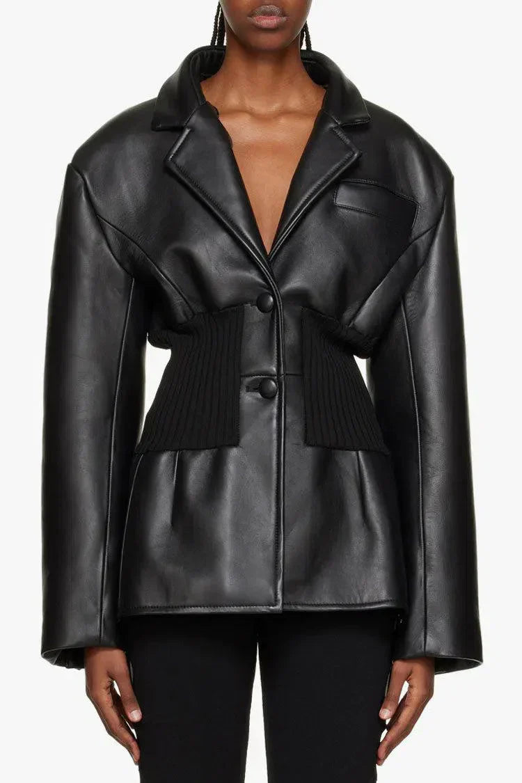 Muse and Valeur | Ribbed Knit Panels Faux Leather Jacket
