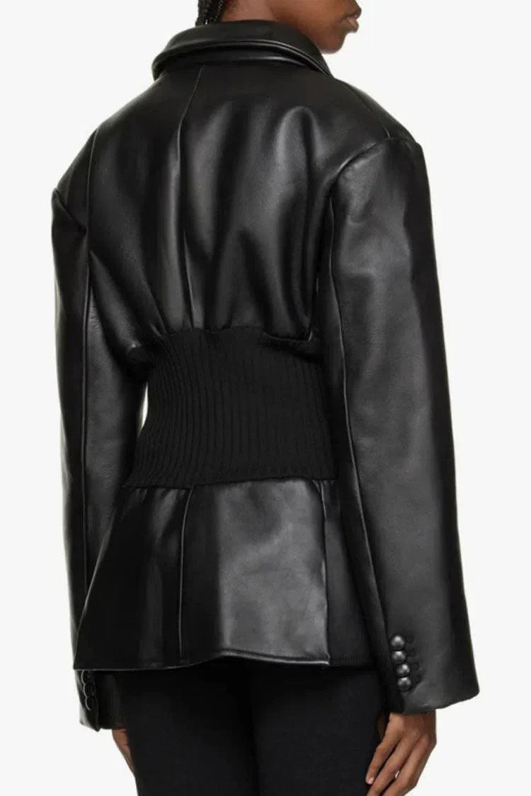 Muse and Valeur | Ribbed Knit Panels Faux Leather Jacket