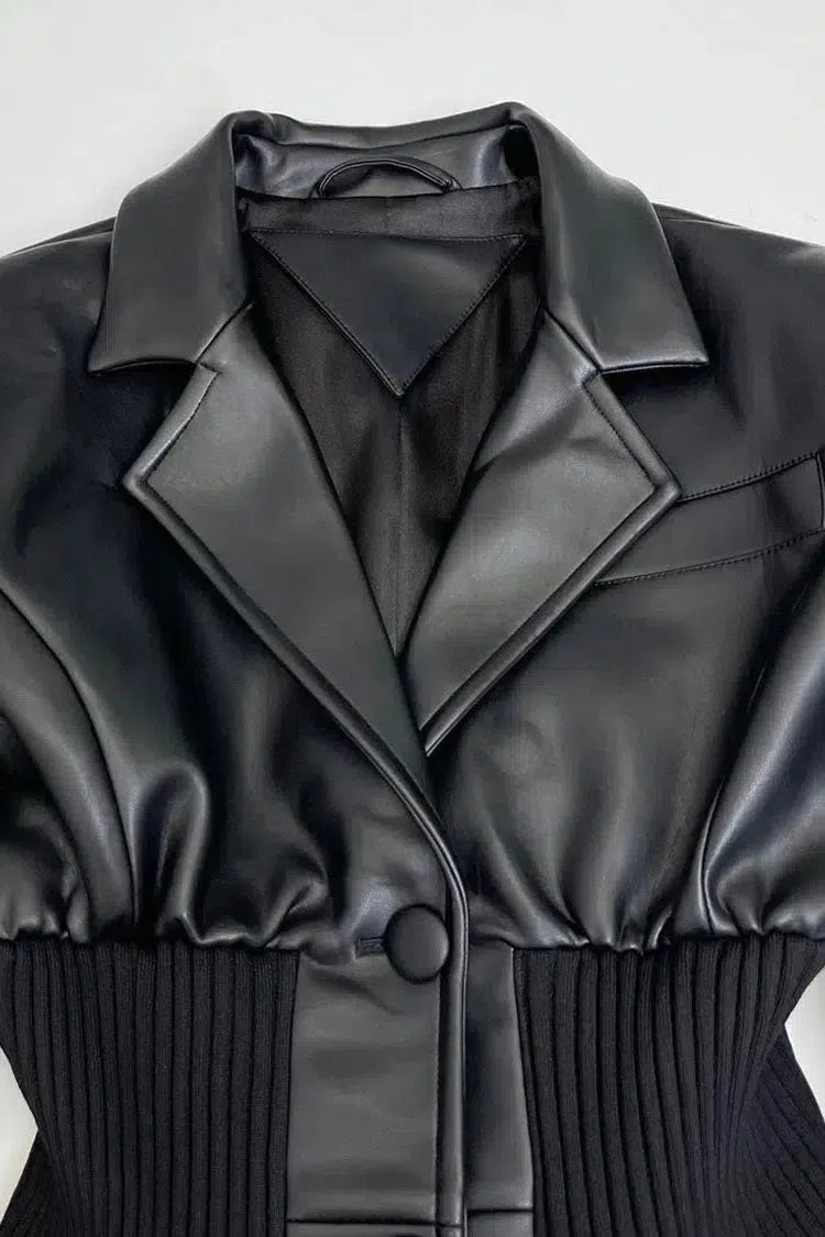 Muse and Valeur | Ribbed Knit Panels Faux Leather Jacket