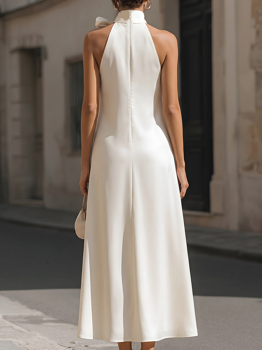 Muse & Valeur | Elegant Ivory Satin Halter Maxi Dress