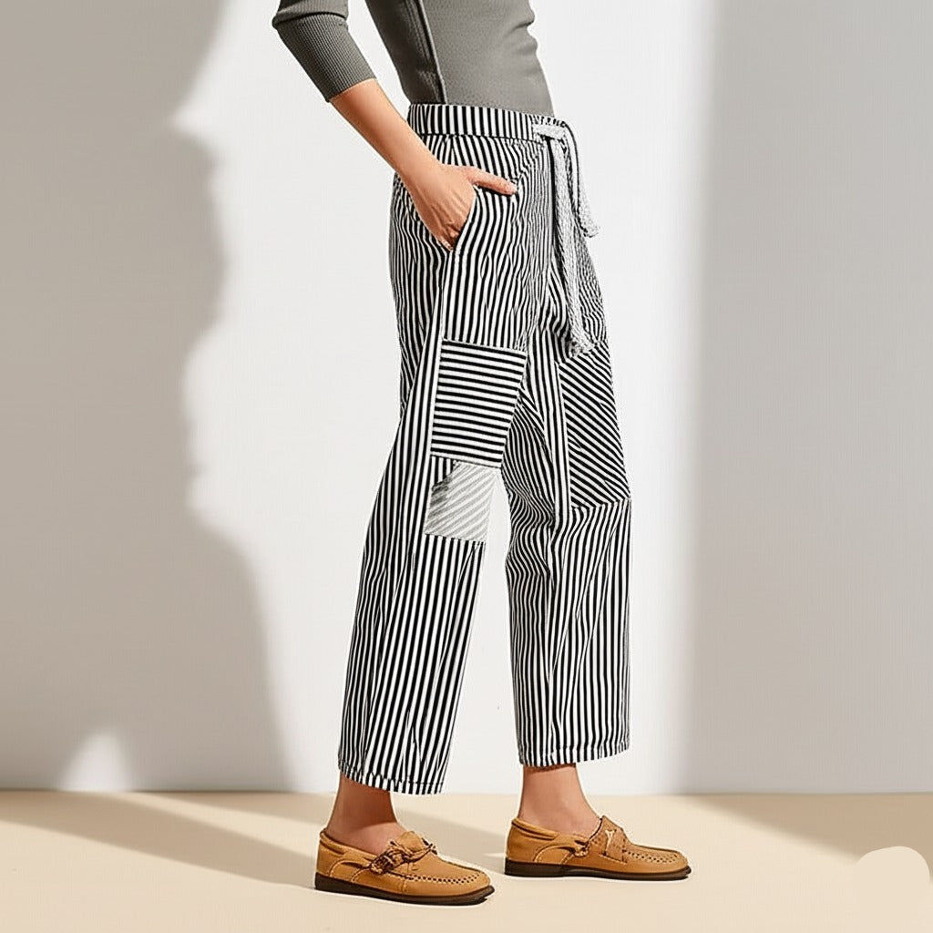 Muse & Valeur | Stripe Pant for Women in Lightweight Fabric, Relaxed Fit, Navy