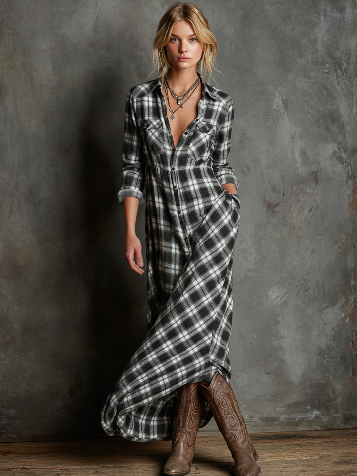 Muse and Valeur | Plaid Lapel Single-Breasted Maxi Dress