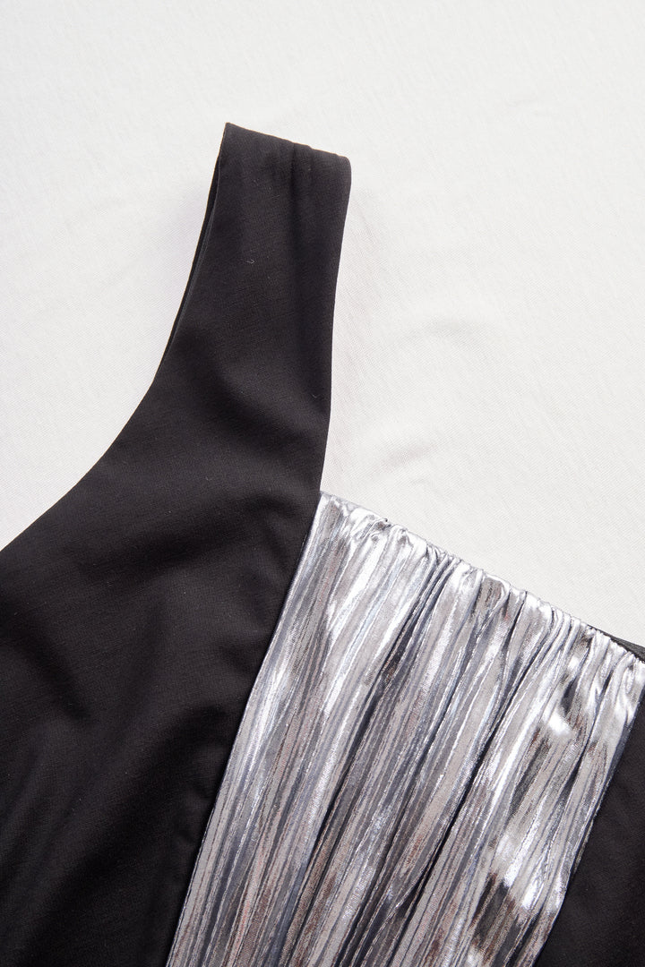 Muse & Valeur | Stylish Plain One-Shoulder Gown with Metallic Pleated